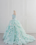 Light Blue A-Line Strapless Tulle Lace Long Prom Dress Vintage Wedding Dress HZ1108