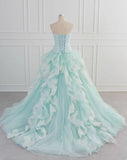 Light Blue A-Line Strapless Tulle Lace Long Prom Dress Vintage Wedding Dress HZ1108