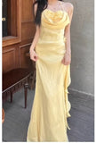 Yellow Simple Bodycon Dress Spaghetti Strap Chiffon Long Prom Dress Applique Graduation Prom Dress HZ1108