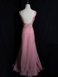 Gray Pink Retro Mermaid V-neck Chiffon Beaded Long Prom Dress Sweet Applique Birthday Dress HZ1108