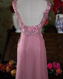 Gray Pink Retro Mermaid V-neck Chiffon Beaded Long Prom Dress Sweet Applique Birthday Dress HZ1108
