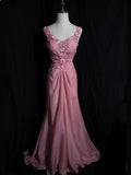 Gray Pink Retro Mermaid V-neck Chiffon Beaded Long Prom Dress Sweet Applique Birthday Dress HZ1108