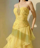 Yellow A-Line One Shoulder Chiffon Long Prom Dress Sweet Layered Birthday Dress HZ1108