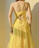 Yellow A-Line One Shoulder Chiffon Long Prom Dress Sweet Layered Birthday Dress HZ1108
