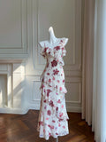 French ruffled halter dress with floral print HZ1108