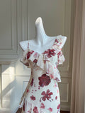 French ruffled halter dress with floral print HZ1108