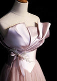 Pink A-Line Strapless Satin Tulle Long Prom Dress Graduation Prom Birthday Dress HZ1108