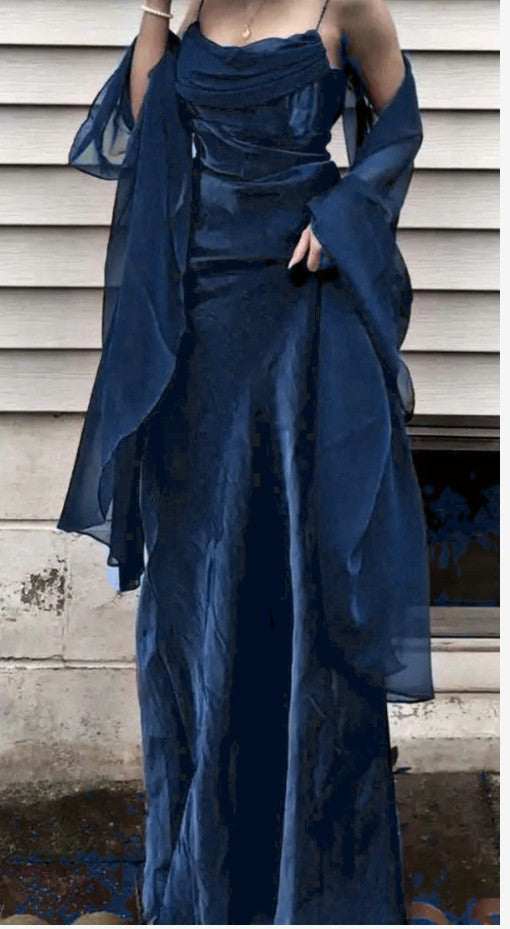 ??Vintage Dark Green Prom Dress Spaghetti Strap Chiffon Evening Gown with Shawl HZ1108