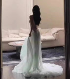 Gentle A-Line Sequined Tulle Strapless Long Prom Dress Adult Ceremony Prom Dress HZ1108