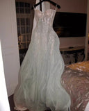 Gentle A-Line Sequined Tulle Strapless Long Prom Dress Adult Ceremony Prom Dress HZ1108