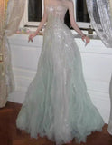 Gentle A-Line Sequined Tulle Strapless Long Prom Dress Adult Ceremony Prom Dress HZ1108