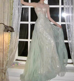 Gentle A-Line Sequined Tulle Strapless Long Prom Dress Adult Ceremony Prom Dress HZ1108