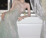 Gentle A-Line Sequined Tulle Strapless Long Prom Dress Adult Ceremony Prom Dress HZ1108