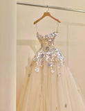 Simple Champagne A-Line Spaghetti Straps Tulle Applique Long Prom Dress Sweet Wedding Dress HZ1108