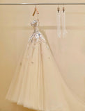 Simple Champagne A-Line Spaghetti Straps Tulle Applique Long Prom Dress Sweet Wedding Dress HZ1108