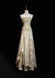Gold A-Line Spaghetti Strap Satin Lace Long Prom Dress with Beaded Appliques HZ1108