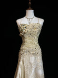 Gold A-Line Spaghetti Strap Satin Lace Long Prom Dress with Beaded Appliques HZ1108