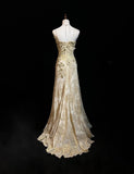 Gold A-Line Spaghetti Strap Satin Lace Long Prom Dress with Beaded Appliques HZ1108