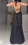 Black Bodycon Spaghetti Strap Chiffon Long Prom Dress Sexy Backless Evening Dress HZ1108
