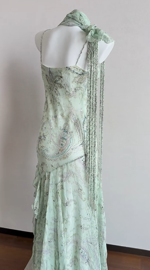 Elegant Green Mermaid Formal Dresses Beaded Chiffon Open Back Long Prom Dresses Spaghetti Straps Guest Dresses HZ1108