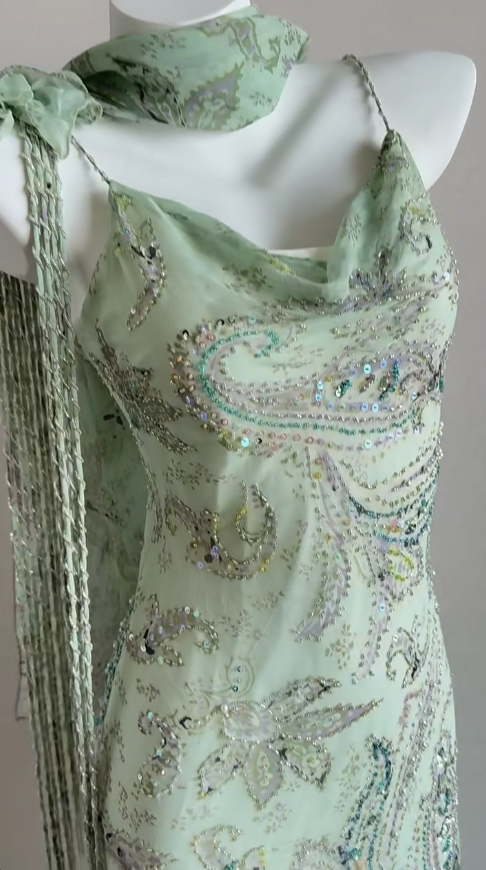 Elegant Green Mermaid Formal Dresses Beaded Chiffon Open Back Long Prom Dresses Spaghetti Straps Guest Dresses HZ1108