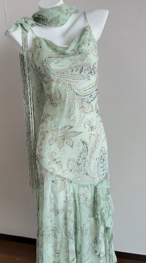 Elegant Green Mermaid Formal Dresses Beaded Chiffon Open Back Long Prom Dresses Spaghetti Straps Guest Dresses HZ1108