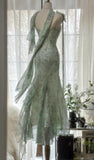 Elegant Green Mermaid Formal Dresses Beaded Chiffon Open Back Long Prom Dresses Spaghetti Straps Guest Dresses HZ1108