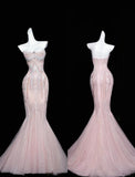 Pink Mermaid Strapless Tulle Diamond Long Prom Dress Sweet Wedding Dress Formal Dress HZ1108