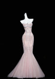 Pink Mermaid Strapless Tulle Diamond Long Prom Dress Sweet Wedding Dress Formal Dress HZ1108