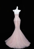 Pink Mermaid Strapless Tulle Diamond Long Prom Dress Sweet Wedding Dress Formal Dress HZ1108