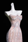Pink Mermaid Strapless Tulle Diamond Long Prom Dress Sweet Wedding Dress Formal Dress HZ1108