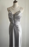 Silver Meimaid Satin Spaghetti Straps Beaded Long Prom Dress Sweetheart Neckline Formal Evening Dress HZ1108