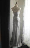 Silver Meimaid Satin Spaghetti Straps Beaded Long Prom Dress Sweetheart Neckline Formal Evening Dress HZ1108