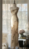 Champagne Retro Chiffon Sheath Party Dress One Shoulder Beaded Long Prom Dress HZ1108