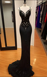 Modest Black Spaghetti Strap Mermaid Satin Prom Dresses Long Prom Dress HZ1108