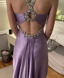 Glamou Purple ??Satin Beaded Backless Long Prom Dress for Party&Birthday,Elegant Wedding Guest Outfits HZ1108