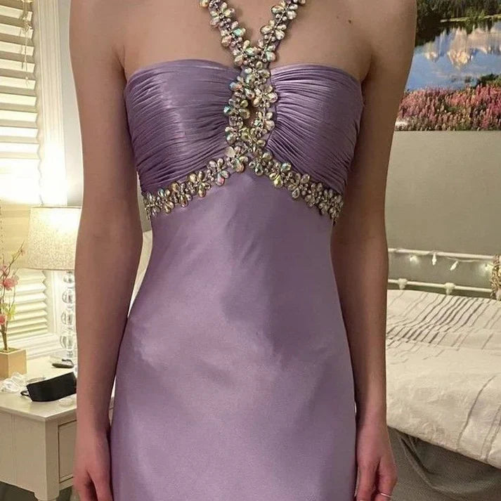 Glamou Purple ??Satin Beaded Backless Long Prom Dress for Party&Birthday,Elegant Wedding Guest Outfits HZ1108
