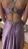 Glamou Purple ??Satin Beaded Backless Long Prom Dress for Party&Birthday,Elegant Wedding Guest Outfits HZ1108