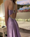 Glamou Purple ??Satin Beaded Backless Long Prom Dress for Party&Birthday,Elegant Wedding Guest Outfits HZ1108
