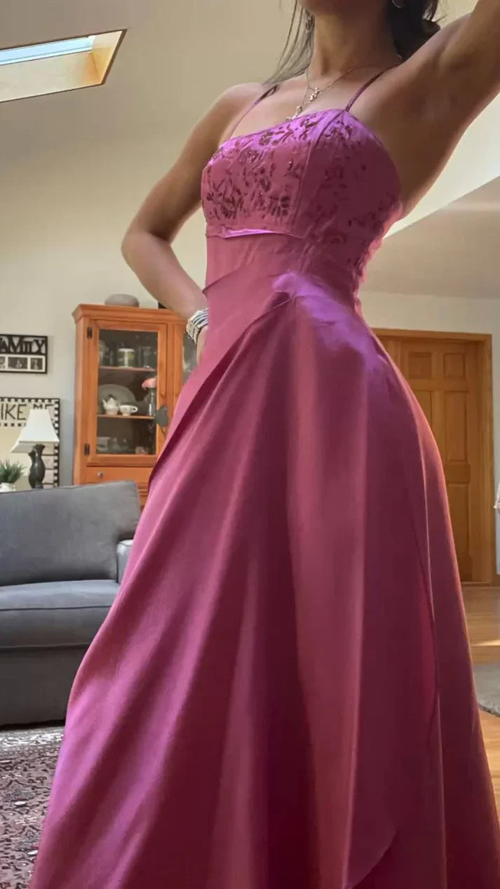 Elegant Spaghetti Straps A-Line Fuchsia Beaded Satin Prom Dresses Gorgeous Wedding Guest Dresses with Shawl HZ1108