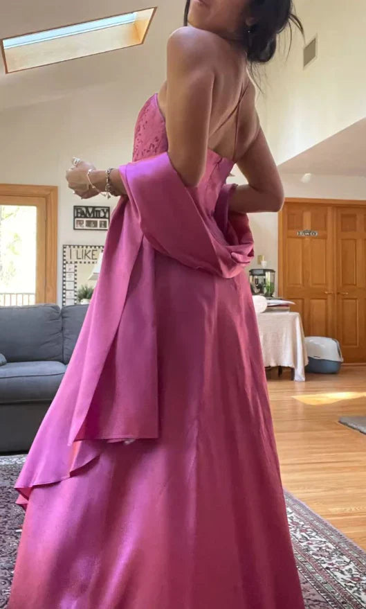 Elegant Spaghetti Straps A-Line Fuchsia Beaded Satin Prom Dresses Gorgeous Wedding Guest Dresses with Shawl HZ1108
