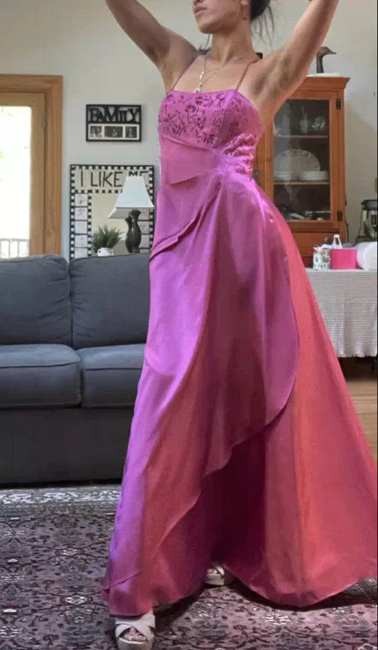 Elegant Spaghetti Straps A-Line Fuchsia Beaded Satin Prom Dresses Gorgeous Wedding Guest Dresses with Shawl HZ1108
