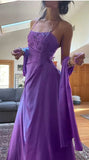 Elegant Spaghetti Straps A-Line Fuchsia Beaded Satin Prom Dresses Gorgeous Wedding Guest Dresses with Shawl HZ1108