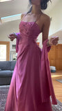 Elegant Spaghetti Straps A-Line Fuchsia Beaded Satin Prom Dresses Gorgeous Wedding Guest Dresses with Shawl HZ1108