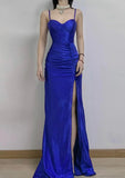 Klein Blue Elegant Spaghetti Straps Slit Long Prom Dress Charming Birthday Party Dress HZ1108