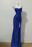 Klein Blue Elegant Spaghetti Straps Slit Long Prom Dress Charming Birthday Party Dress HZ1108