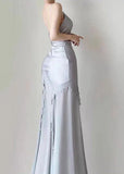 Retro Silver Mermaid Spaghetti Straps Satin Long Prom Dress Beaded Evening Dress HZ1108