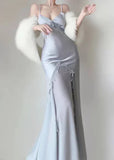 Retro Silver Mermaid Spaghetti Straps Satin Long Prom Dress Beaded Evening Dress HZ1108
