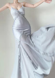 Retro Silver Mermaid Spaghetti Straps Satin Long Prom Dress Beaded Evening Dress HZ1108