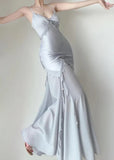 Retro Silver Mermaid Spaghetti Straps Satin Long Prom Dress Beaded Evening Dress HZ1108